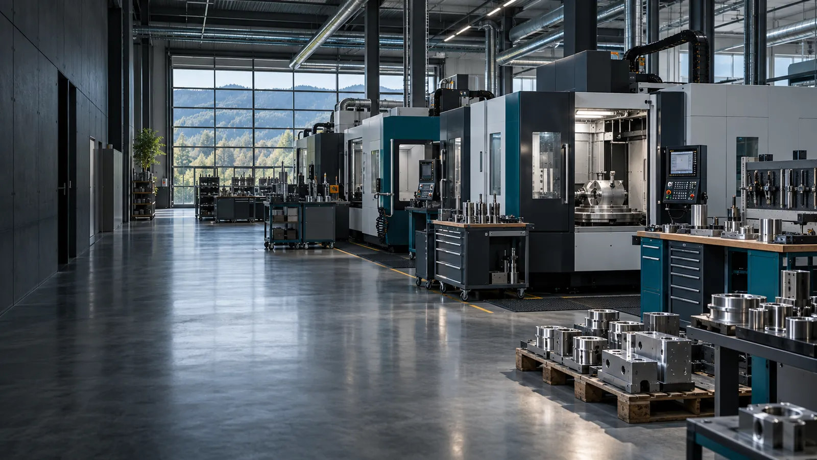 Produktionshalle mit Bearbeitungszentren und Werkstückträgern