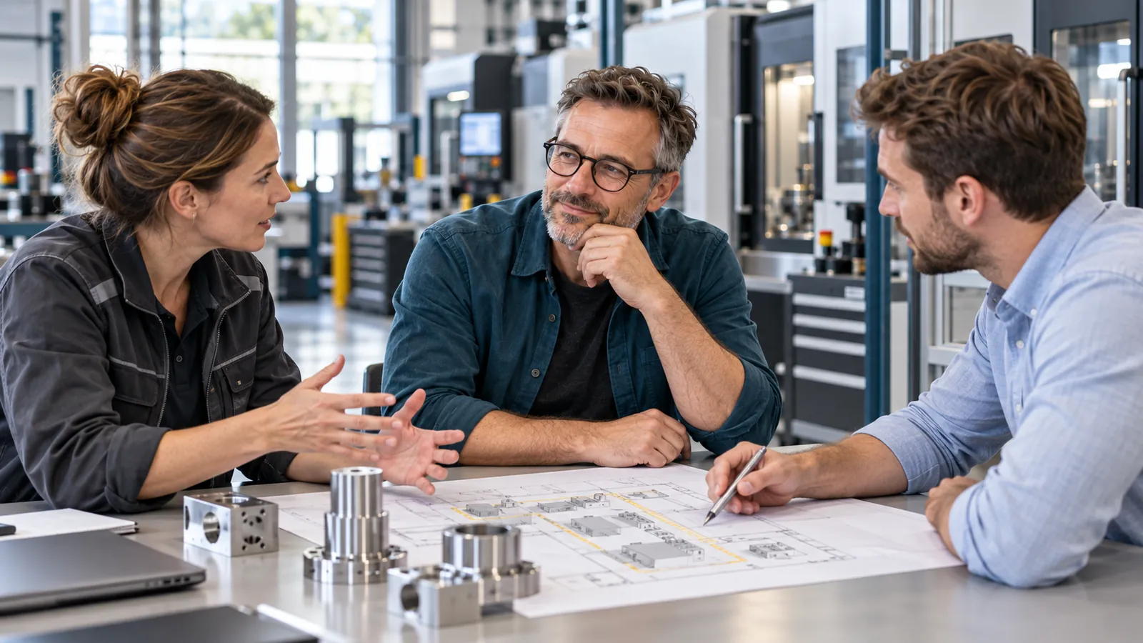 Beraterin, Werkleiter und Berater besprechen einen Hallenplan